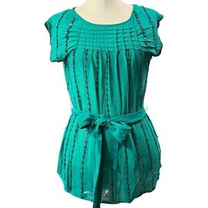 Carnation Lily Rose XS Teal Beaded Tied Sequin Blouse Pintuck Emerald Spring